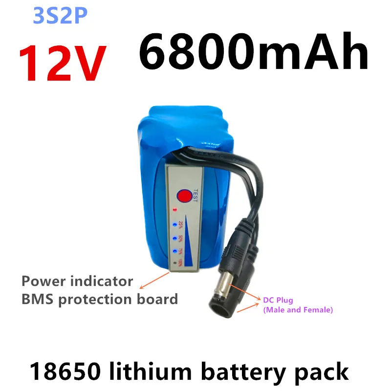 18650 3S2P battery pack, 12V, 6800mAh lithium-ion battery, suitable as a replacement battery for CCTV cameras and monitors