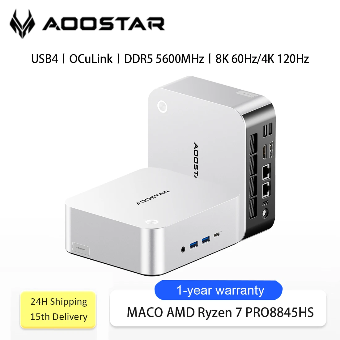 AOOSTAR MACO Mini PC AMD Ryzen 7 PRO 8845HS WiFi6 BT5.2 USB4/OCuLink HDMI2.1 Support 4 Displays 4K/8K Gaming Mini PC Windows 11