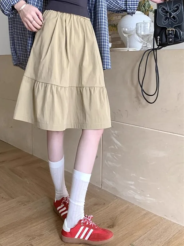 Kaki A-lijn rok Pure kleur ket Design College Sle Lente nieuwe collectie Casual studentenvriendelijke rok met hoge taille