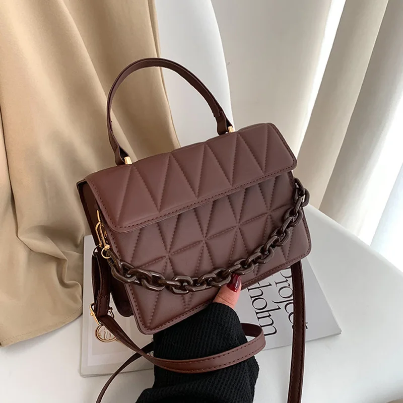 Bolsa crossbody xadrez sólida para mulheres, bolsa de ombro fashion com decoração de corrente, bolsa feminina para uso diário