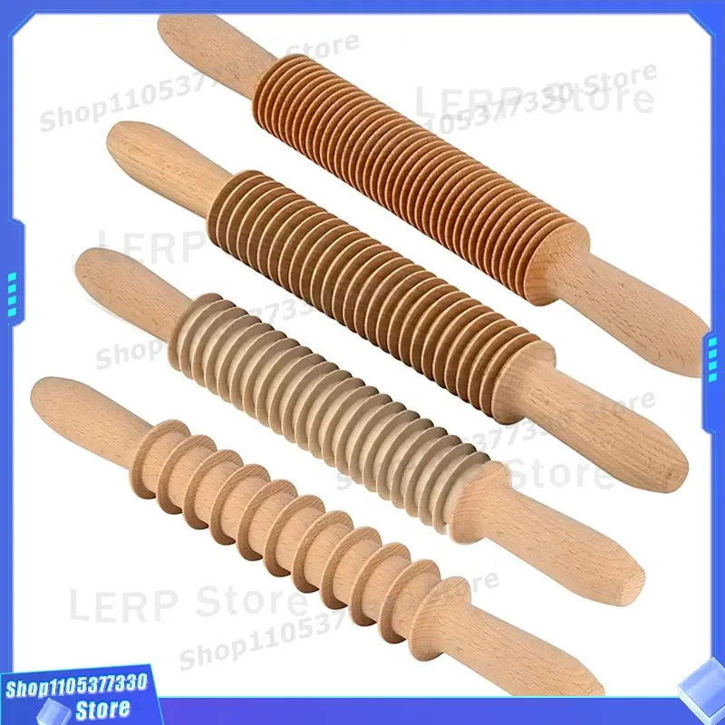 Wooden Rolling Pin Set for Pasta Dough Lasagna Spaghetti Cutter Embossed Design Kitchen Baking Tool Wholesale Home Cooking