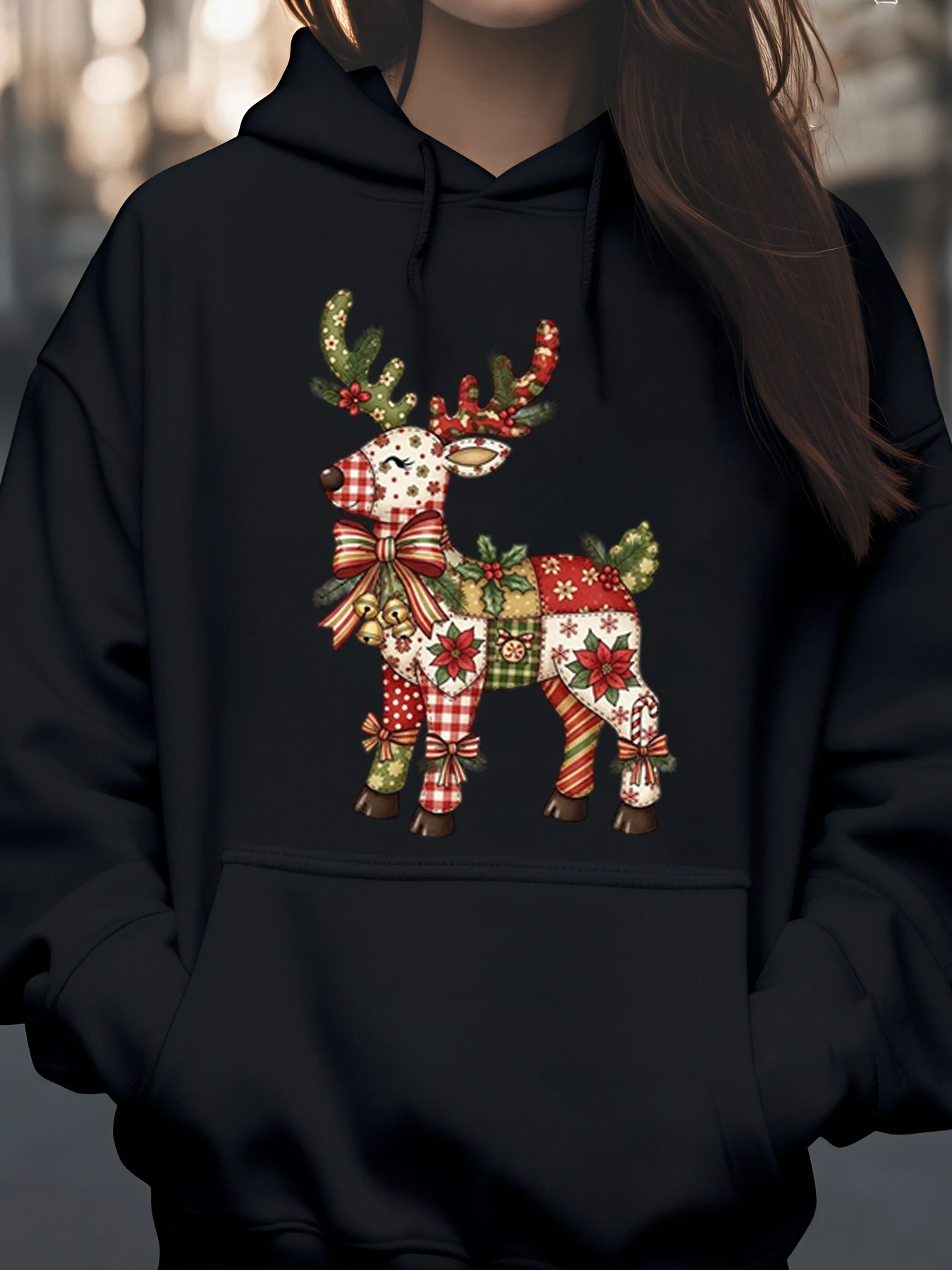 

Рождественская толстовка с капюшоном в стиле пэчворк с оленями, праздничная повседневная одежда для женщин