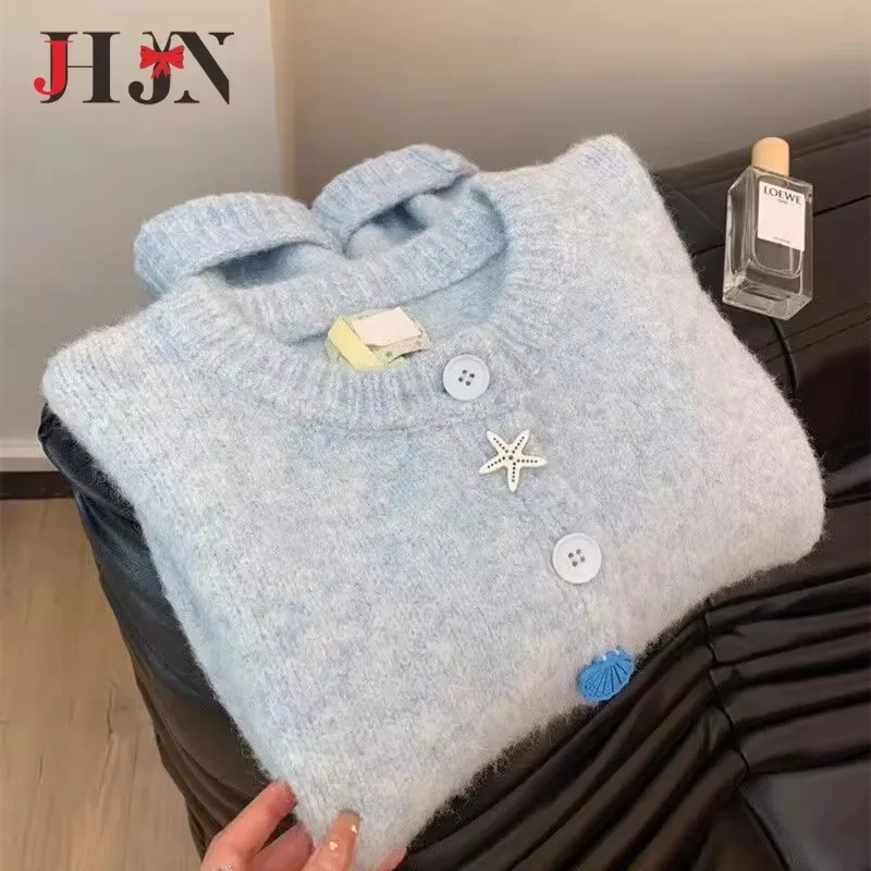 JHJN-cárdigan para mujer, suéter azul bebé, Tops tejidos informales dulces, prendas de vestir exteriores con botones de concha, suéteres para niña, abrigo ajustado, prendas de punto