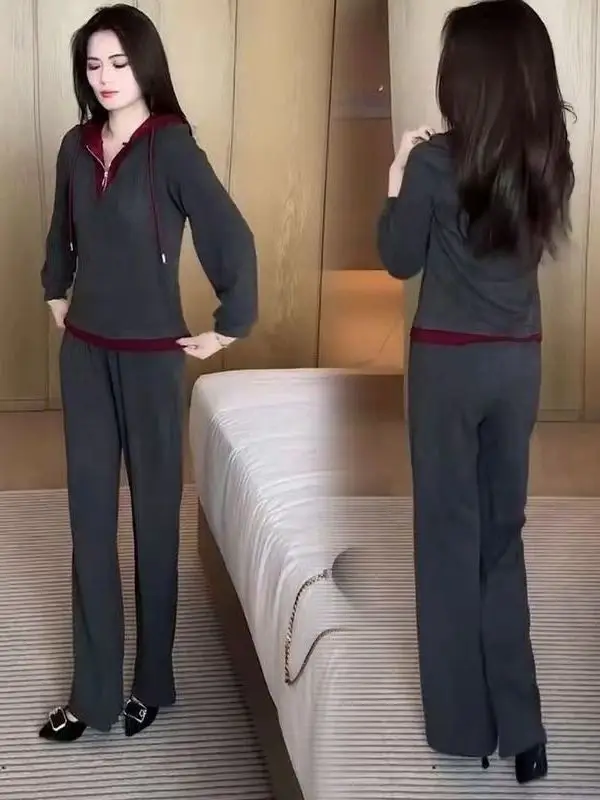 패셔너블 캐주얼 스포츠웨어 세트 여성용 봄 가을 2025 신상 디자인 센스 탑 바지 세트 후드 롱 팬츠