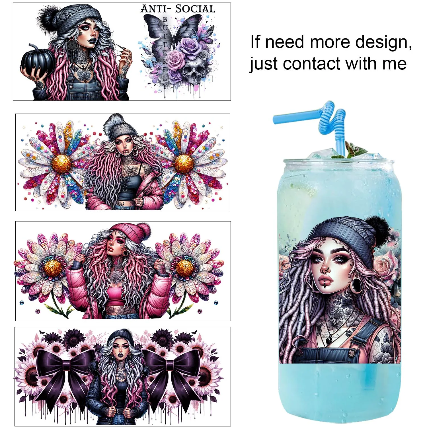

Cool Rose Tattoo Girl easy peel waterproof Party DIY Decals 3D transfers uvdtf tumbler seal stickers 16oz uv dtf cup wraps