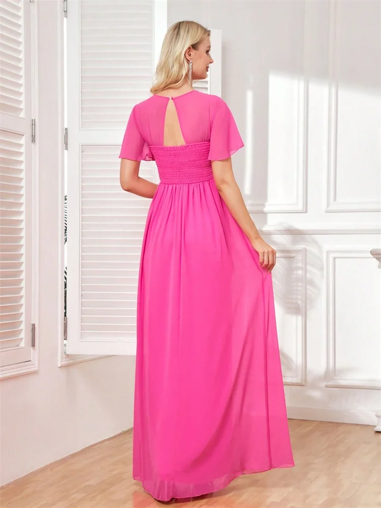 Luxury Chiffon Long Sleeve Navy Evening Dress 2025 Women Dress V-Back Formal Bridesmaid Wedding Party Graduation Gowns