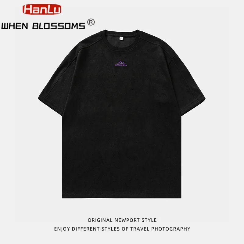 Men's Summer New Suede Short sleeved T-shirt Men's Trendy Brand Loose Contrast Embroidered Round Neck T-shirt