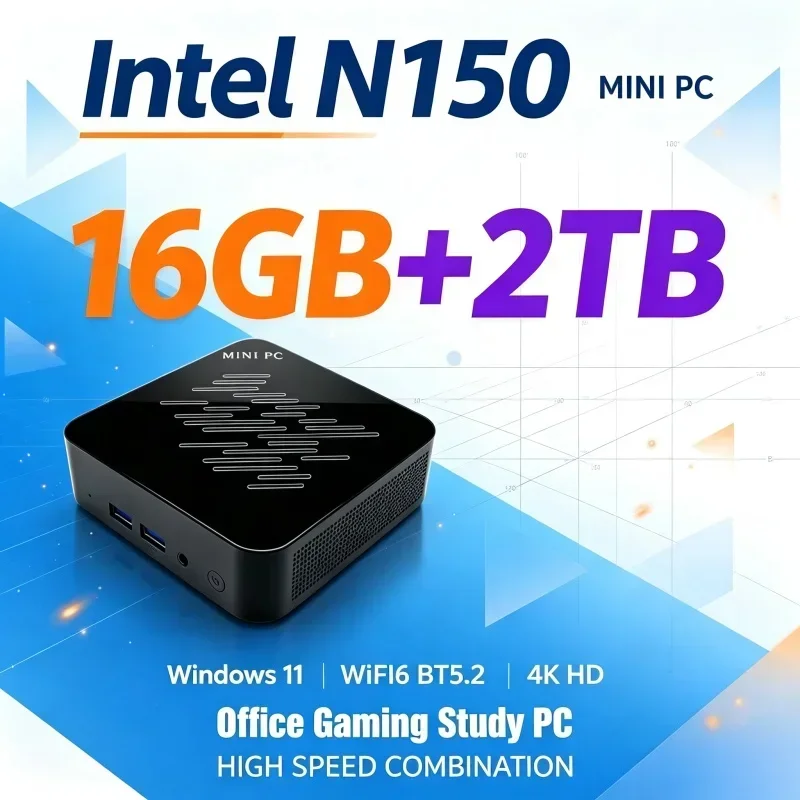 Multicolor Mini Desktop Host Intel N150 Processor 16GB RAM 1TB/2TB SSD Win11 WiFi6 BT5.2 Mini PC Daily Home Office Computer