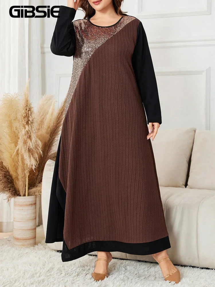 GIBSIE Plus Size Colorblock Long Sleeve O-Neck Sequined Dress Women's Autumn Winter Casual Slit Hem Knit Loose Maxi Dresses