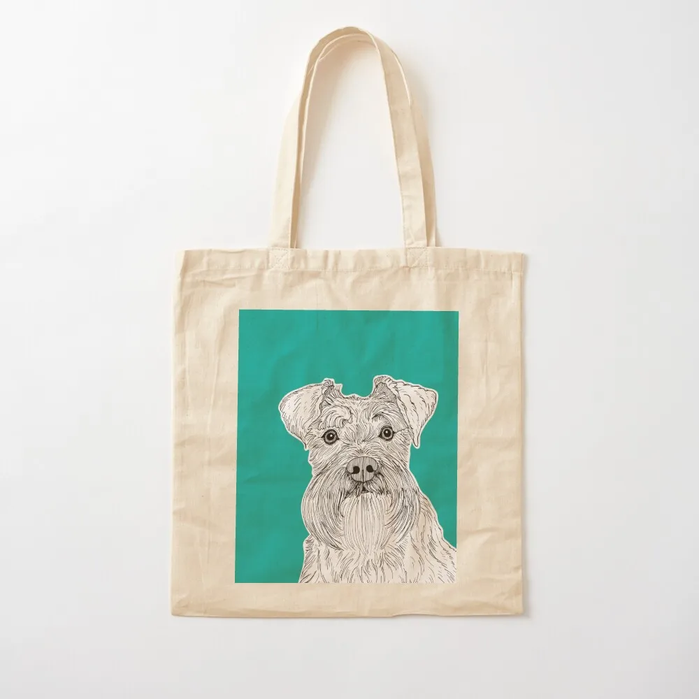 

Schnauzer Dog Portrait ( teal background ) Tote Bag shopping cart bags tote bag university Canvas Tote Bag