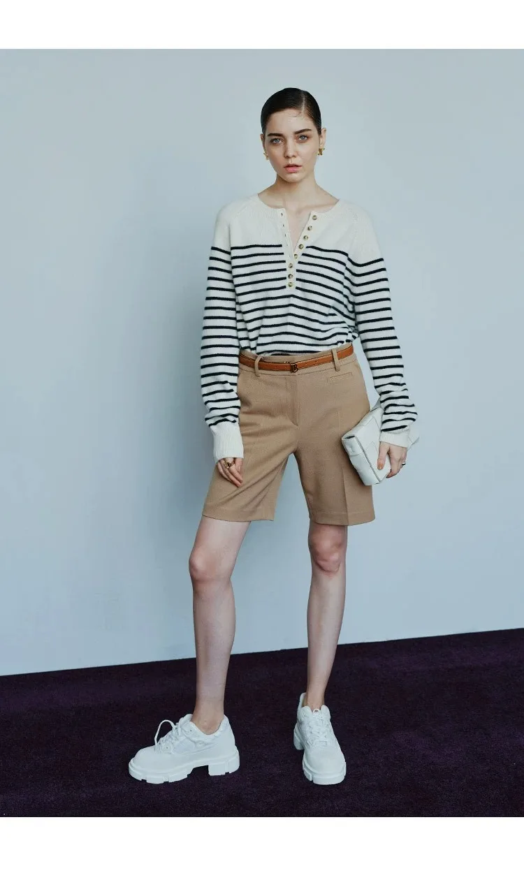 French crew-neck sweater Women's half-open neck breasted horizontal striped long sleeve pullover cashmere sweater loose knit top