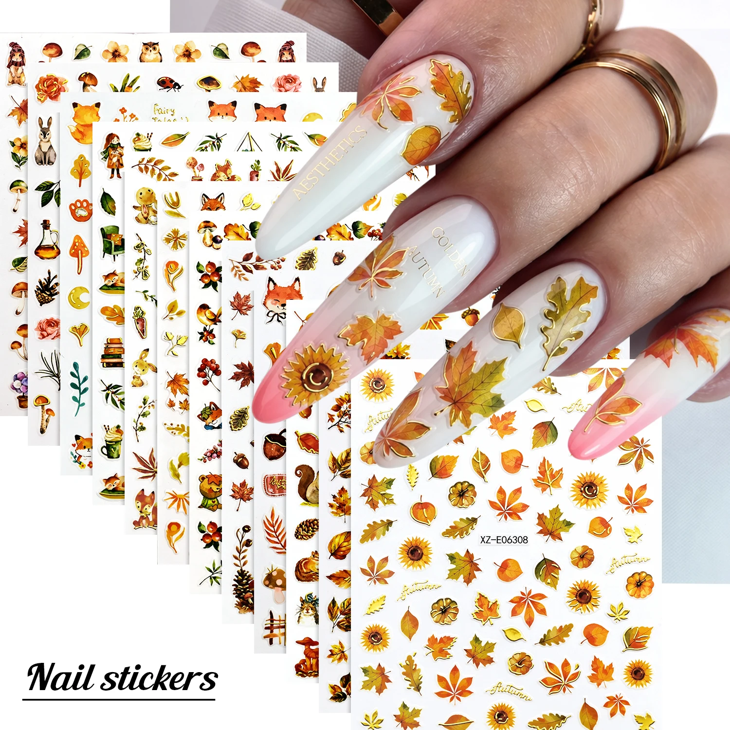 12PCS Harvest Season Nail Decals Fall Maple Leaf Sunflower Fox Squirrel Pumpkin Pattern Nail Stickers Autumn Nail Art DIY Design