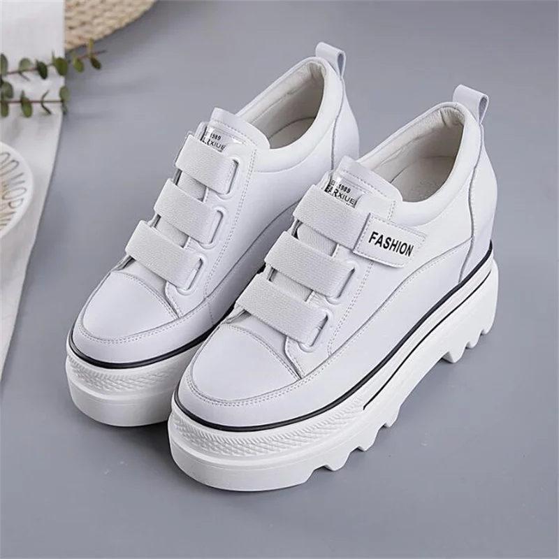 Women Platform 9cm Mesh Leather White Sneakers Shoes New White Wedge Vulcanize Shoes Hidden Heel Breathable Female Casual Shoes