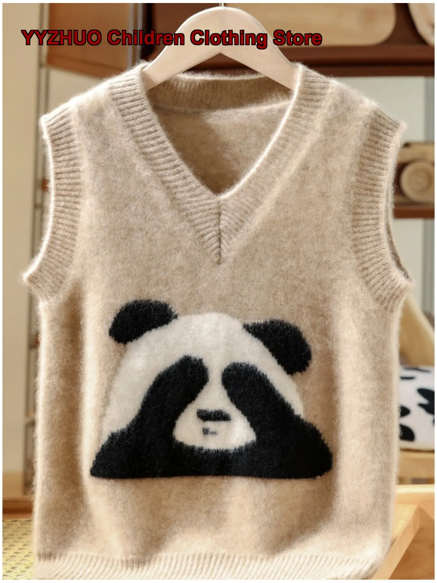 Kids V-Neck Panda Knit Vest Solid Color Autumn Winter Boys Older Kids Cashmere Waistcoat Layering