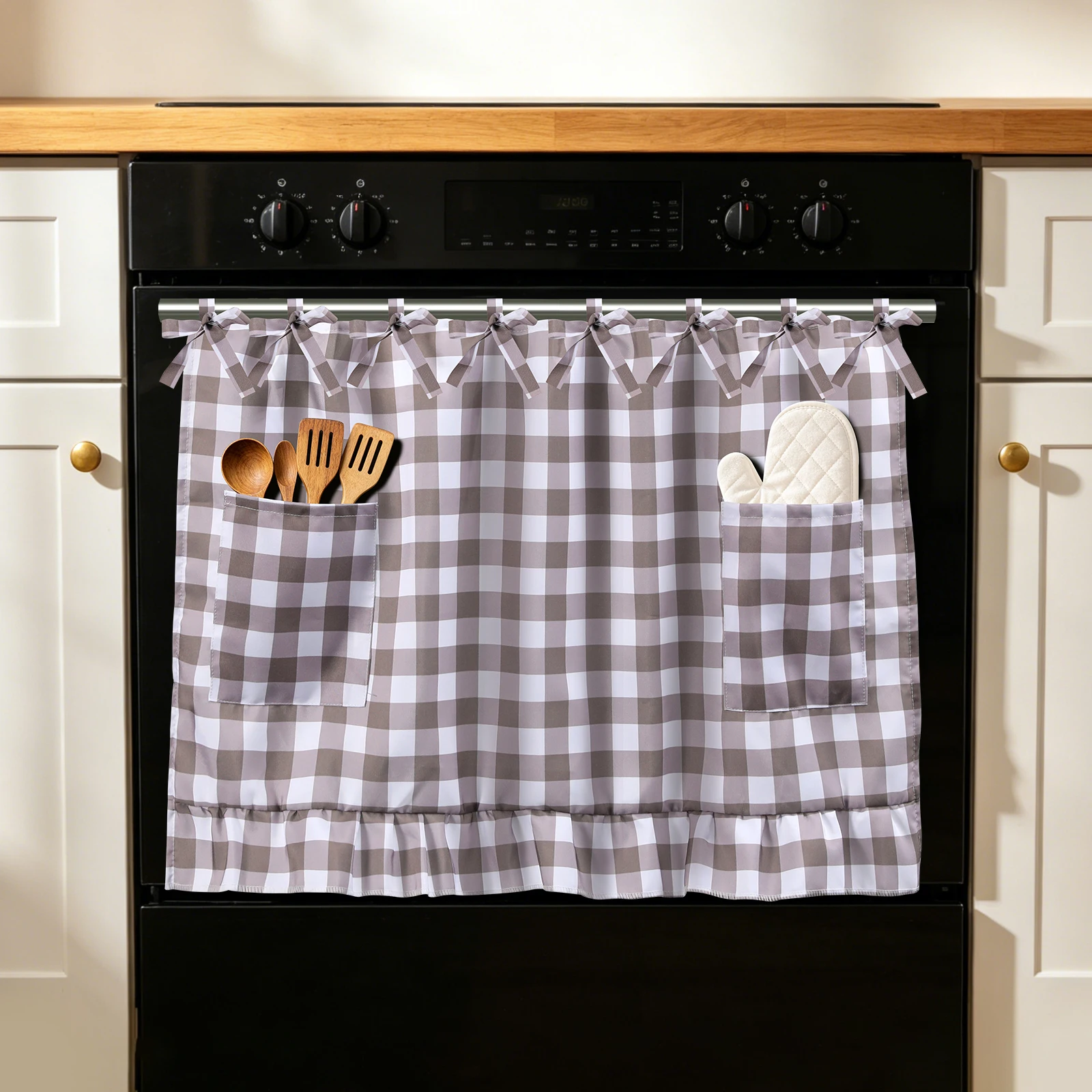 Oven Skirt Curtain for Door, Farmhouse Kitchen Decor Stove Cover with Ruffle Trim and Ribbon Ties, Handmade Style Appliance Curtain to Hide Clutter for Oven, Dishwasher (Khaki Checkered)