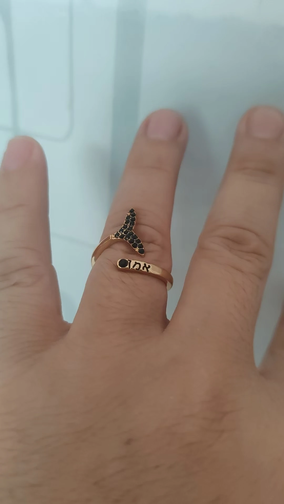 Adjustable Whale Tail Ring for Women Gold & Silver Plated with Black Zircon CZ Hebrew Engraving Ocean Theme Statement Jewelry