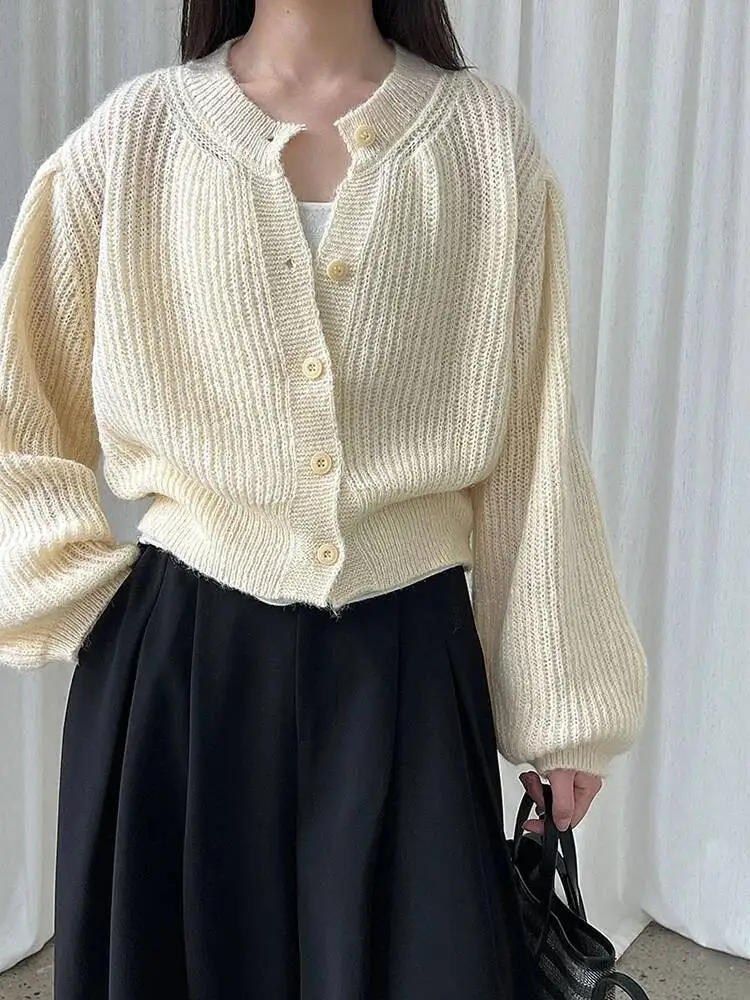 

Wine Red Big Size Knitting Cardigan Sweater Round Neck Long Lantern Sleeve Women New Fashion Spring Autumn