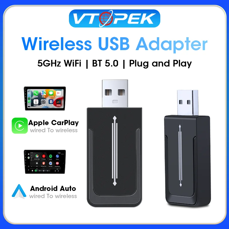 Vtopek 2 ใน 1 Wireless CarPlay อะแดปเตอร์ Android Auto 5G WiFi Bluetooth 5.0 Type-C Plug And Play ควบคุมเสียงออนไลน์อัพเกรด OTA