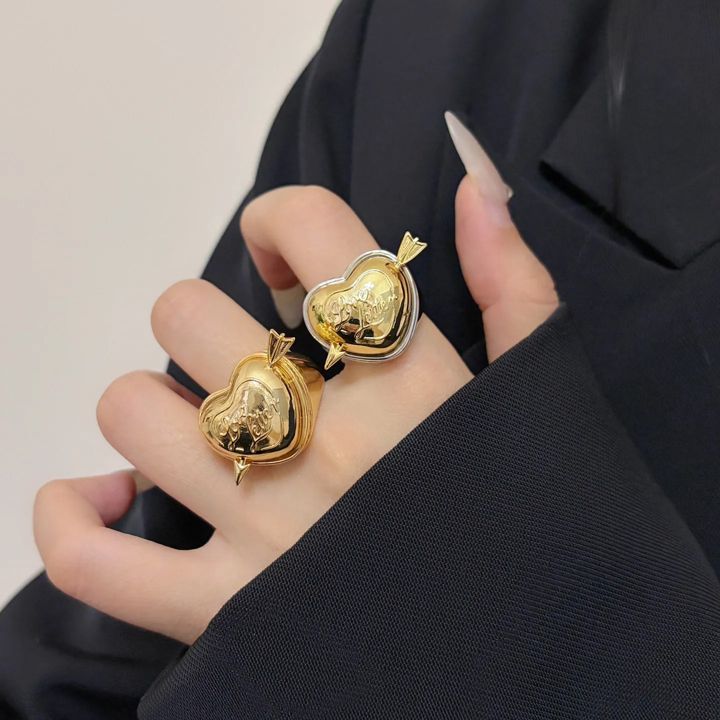 Romantic Cupid Arrow Heart Ring Two Tone Love Letter Open Band Light Luxury Couple Fashion Jewelry