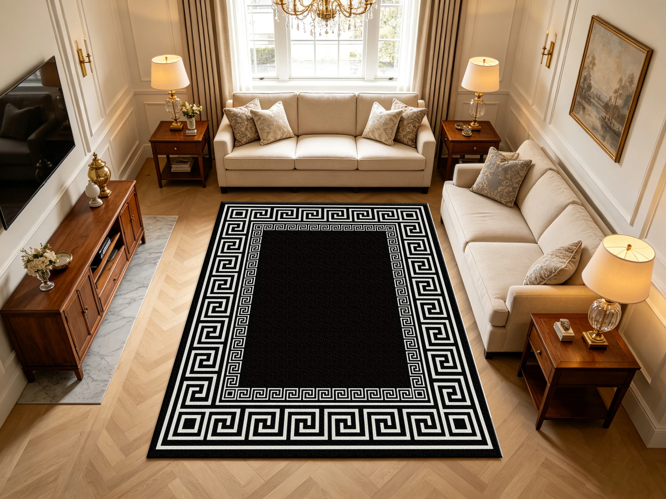 Greek Key Geometric Border Carpet Flooring, Modern Minimalist Rectangle Area Rug for Living Room Hallway Decor
