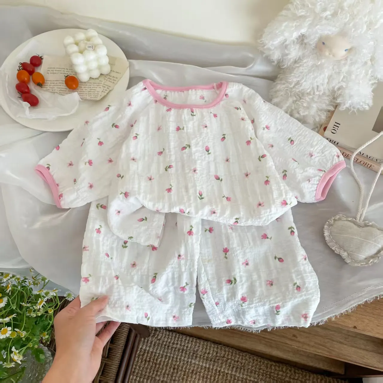 Frühling Atmungsaktive Kinder Nachtwäsche Sets 0-7Y Kinder Mädchen Gedruckt Homewear Pyjama Sets Sommer Gaze Stoff Weiche Täglichen Loungewear – Detail 4