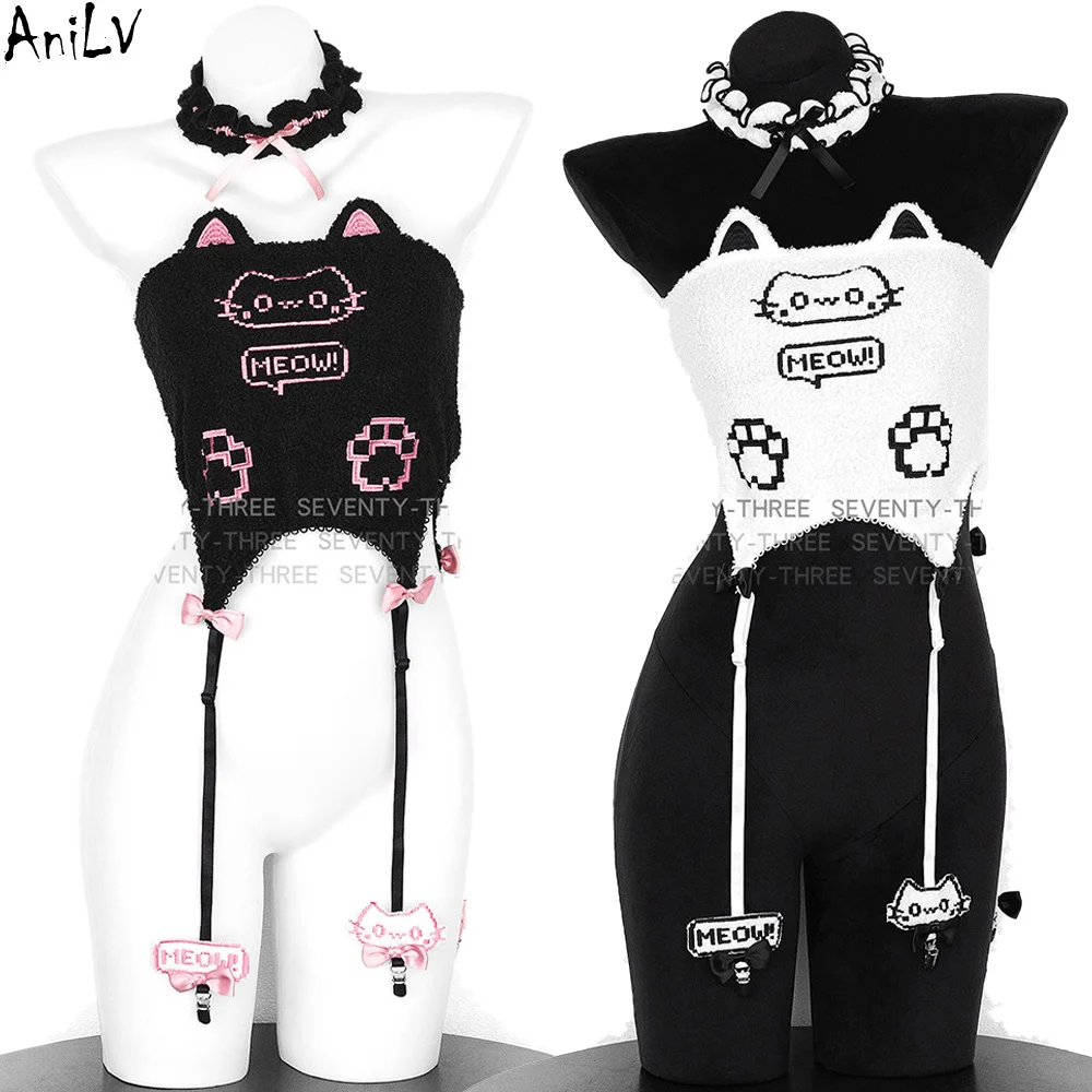 

AniLV Game Machine Cat Outfits Anime Girl Cats Ears Paw Plush Top Garter Outfits Cosplay Costume