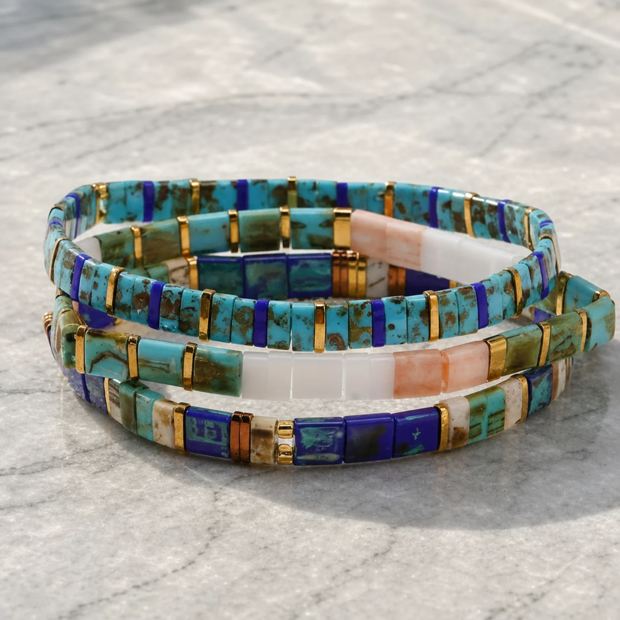 3pcs Colorful Glass Tile Beaded String Bracelet for Women Boho Geometric Stackable Layered Look Wristband Beach Style
