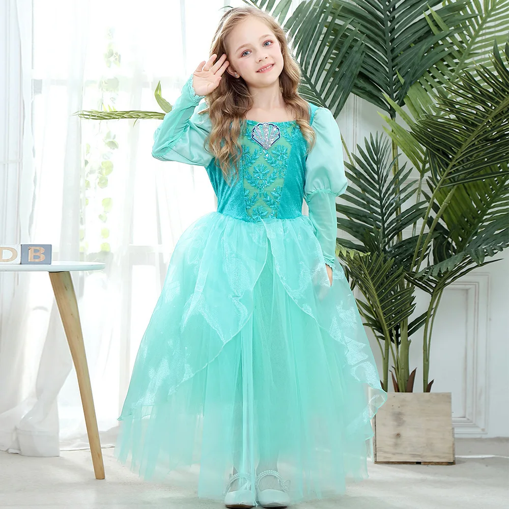 Ariel Costume For Girls Princess Dress Green Long Sleeve Ball Gown Party Cosplay Outfit Little Mermaid Dress Halloween Gift