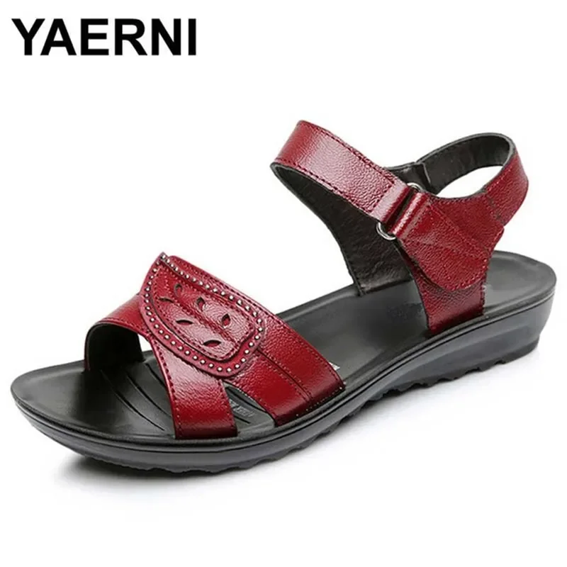 YAERNI  summer new fashion Woman sandals mother large size Flat leather Sandals slip comfort elderly Soft bottom sandals