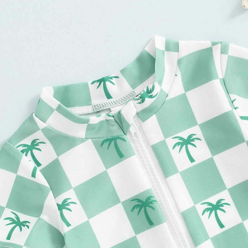 Baby Boys Rash Guard Swimsuit Rompers Zipper Short Sleeve Checkerboard Palm Tree Print Bathing Suit Toddler Swimwear