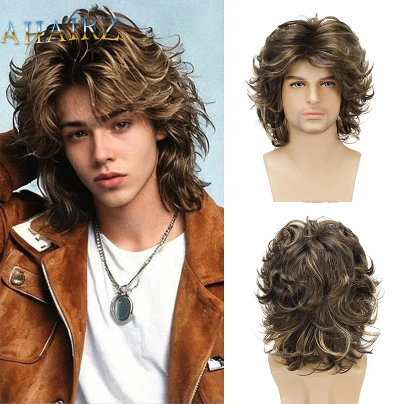 

Men's Wig Synthetic Short Curly Wigs Brown Fluffy Layered Fake Hair for Men Daily Party Wear Fake Hair