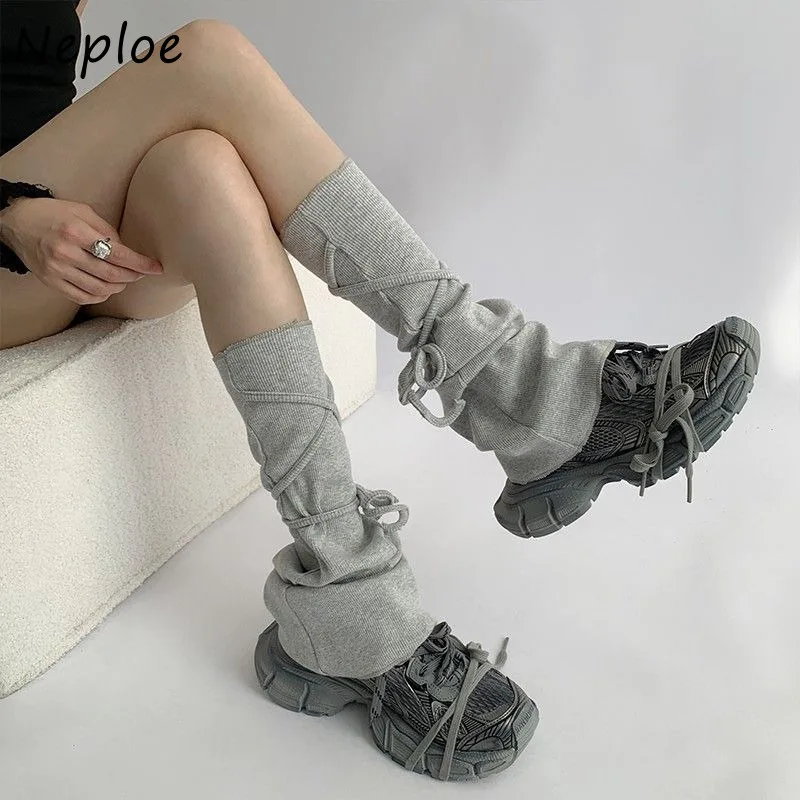 Neploe Fashion All-match Gray Lace Up Women's Socks 2024 Summer New Knitted Leg Warmers Y2k Harajuku Jk Foot Warming Cover