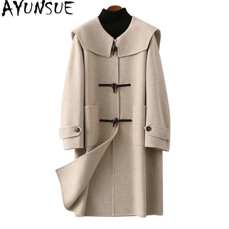 Ayunsue elegante 70% Wolle Mäntel weibliche Winter Herbst Kleidung Frauen reine Farbe doppelseitige Woll jacke Marine Kragen abrigo mujer