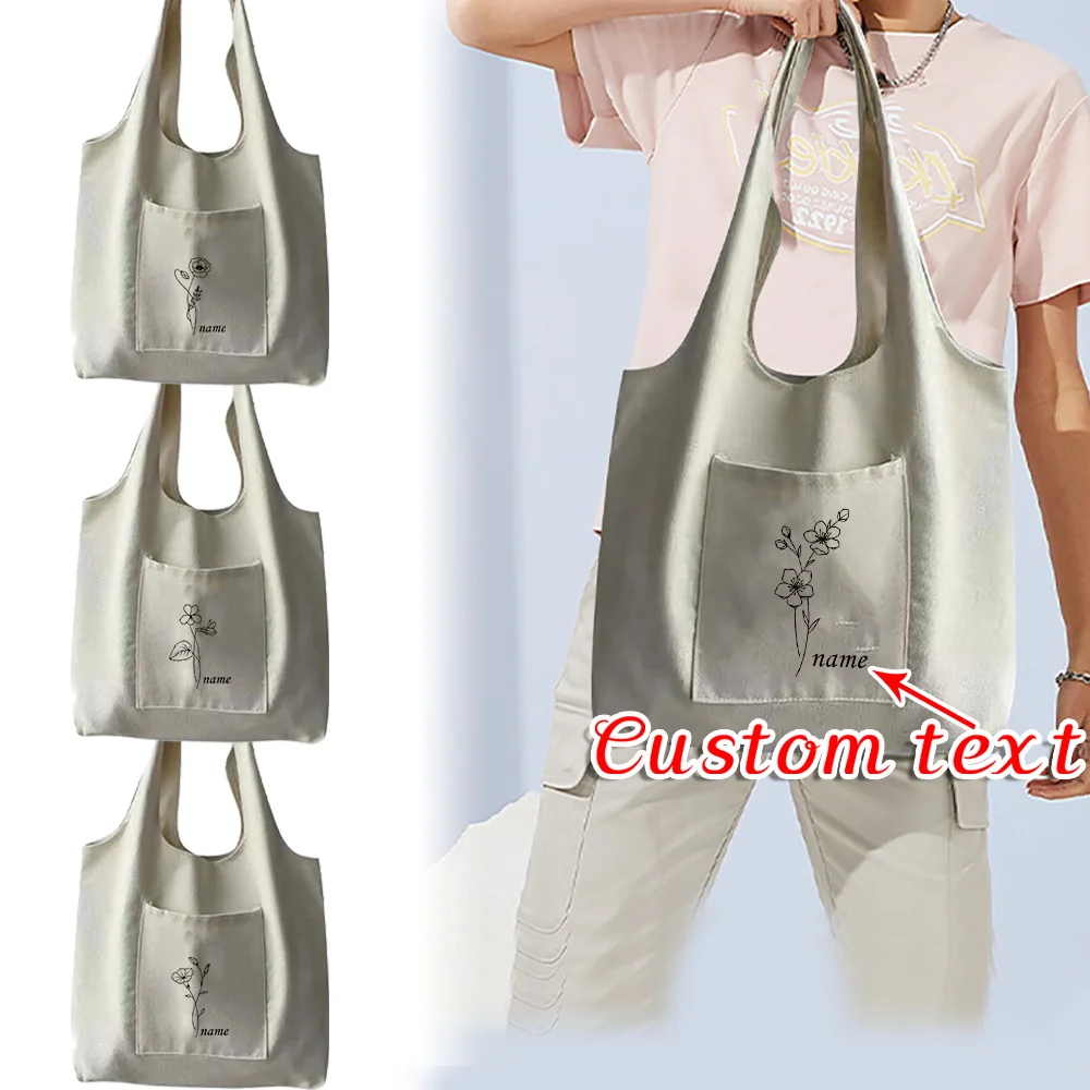 Customized Name One Shoulder Canvas Bag with Side Pockets Commuting Pouch Foldable Storage Pack Eco-friendly Shopping Bags