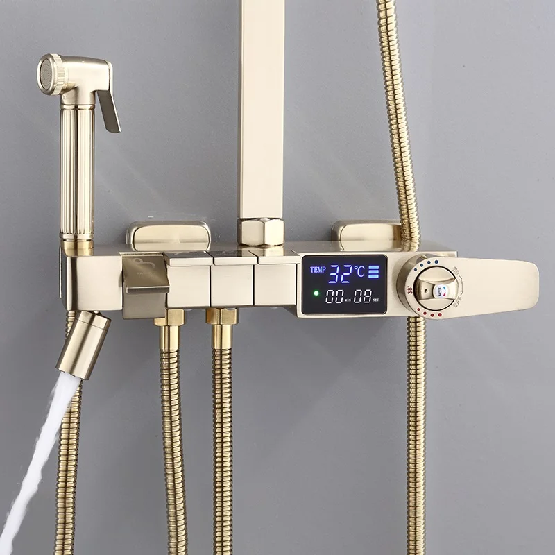 Brush Gold Rain Shower Faucet Bathtub Wall Mount Hot Cold Thermostatic Mixer Shower System Bathroom LED Digital Luxury Bath Set