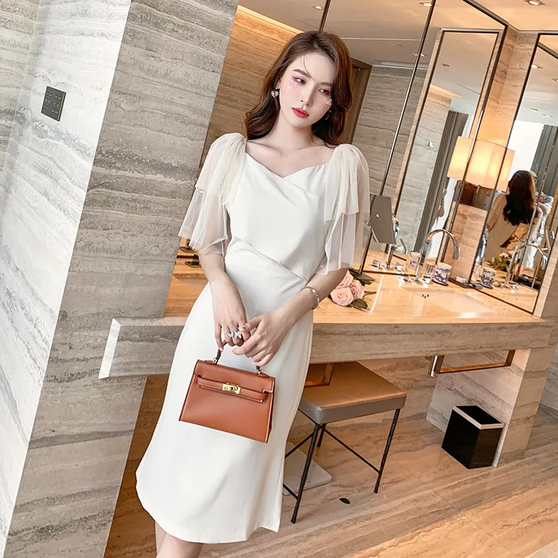 2022 Summer Dresses White Elegant Mesh Split Sleeve Female Clothing Celebrity Solid V Neck Feminine Fashion Dresses for Women