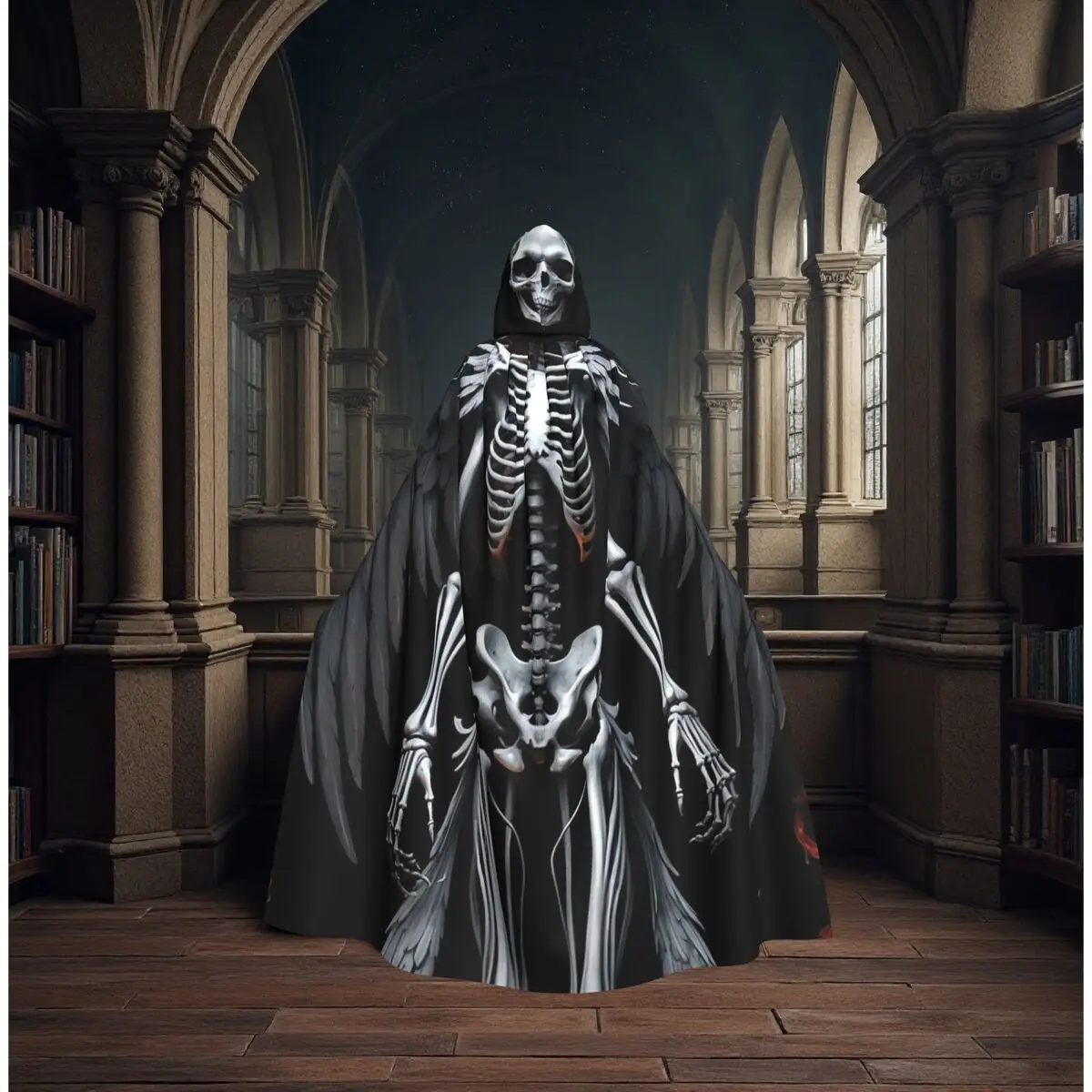 

Flame Skeleton Skull With Wing Long Hooded Cloak Witch Medieval Costume Cosplay Cape HalloweenParty Adult Unisex