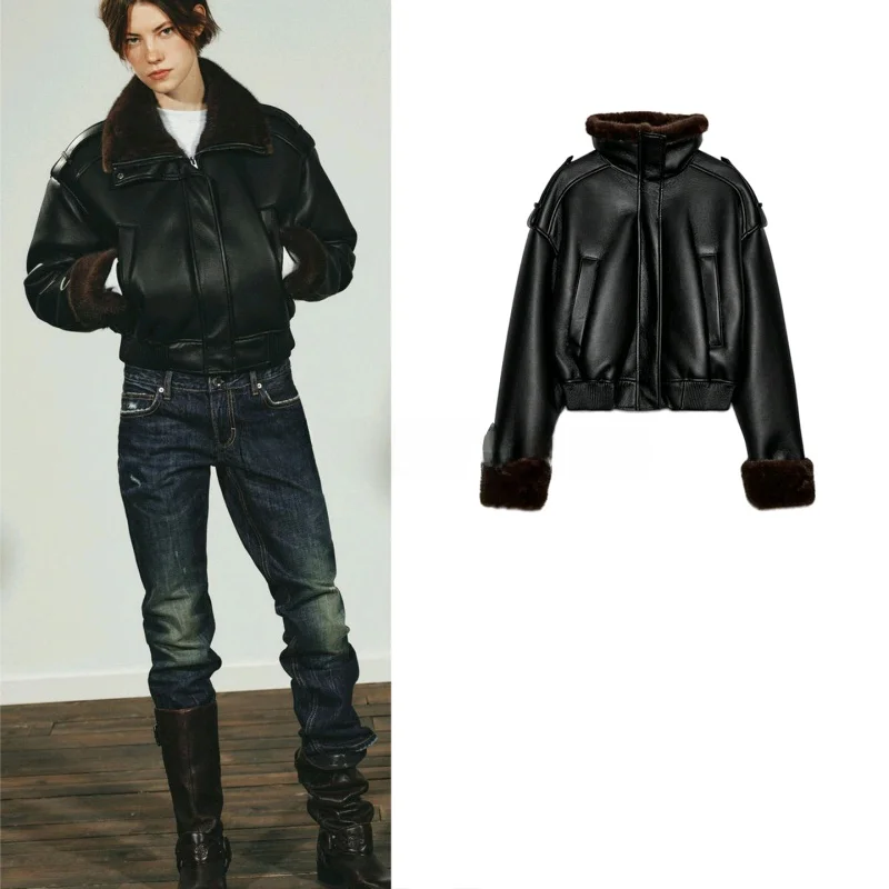 

Women's Double-Sided PU Pilot Jaet Long Sve Stand Collar Winter New Arrival Outerwear Commute Sle Loose Fit Zipper