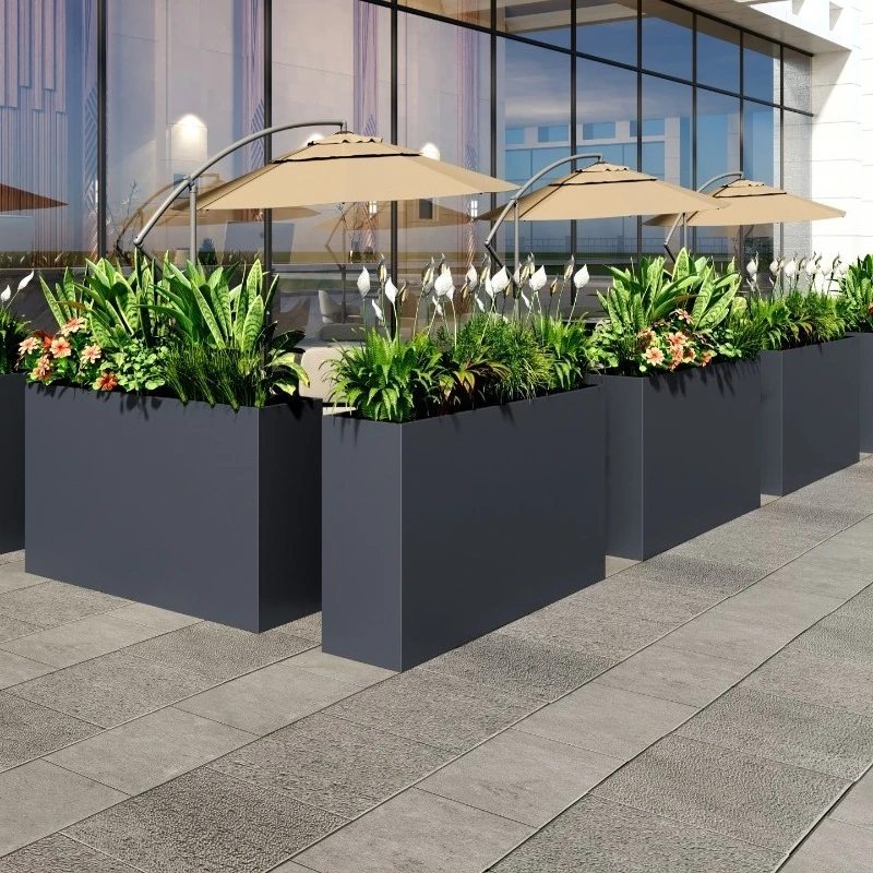 Outdoor three-dimensional flower box, square green flower bed, coffee shop street commercial stainless steel flower trough