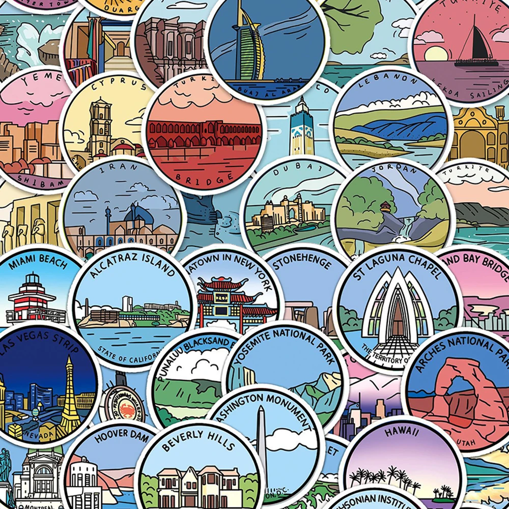 10/30/50/100pcs World Famous Landmark Building Stickers Funny Cartoon City Travel Landscape Sticker Luggage Phone Laptop Decals