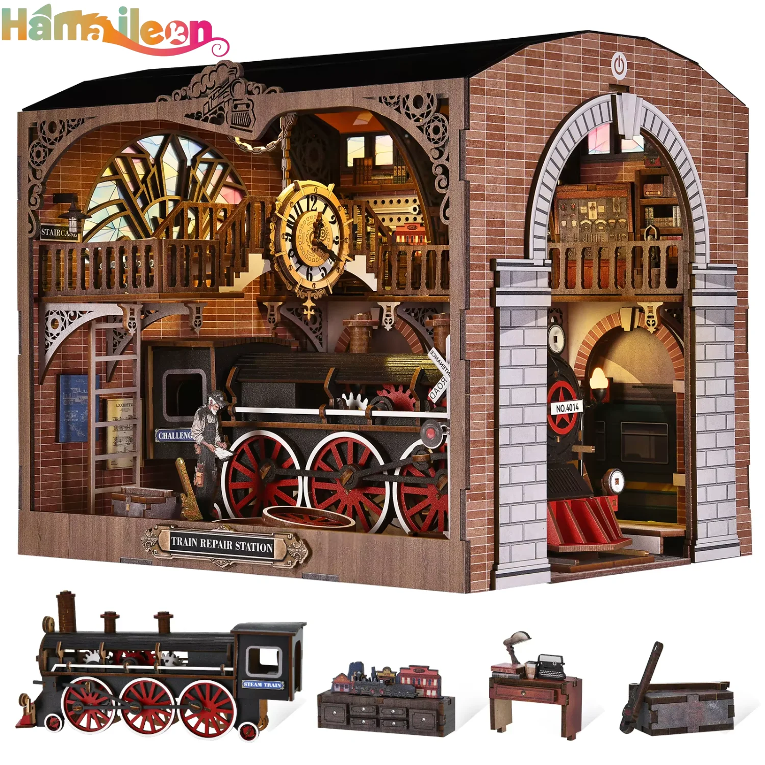

Hamaileon New DIY Toy House Bookshelf Ornaments Collectibles Book Nook Gifts for Adults and Teenagers(Train Repair Station )