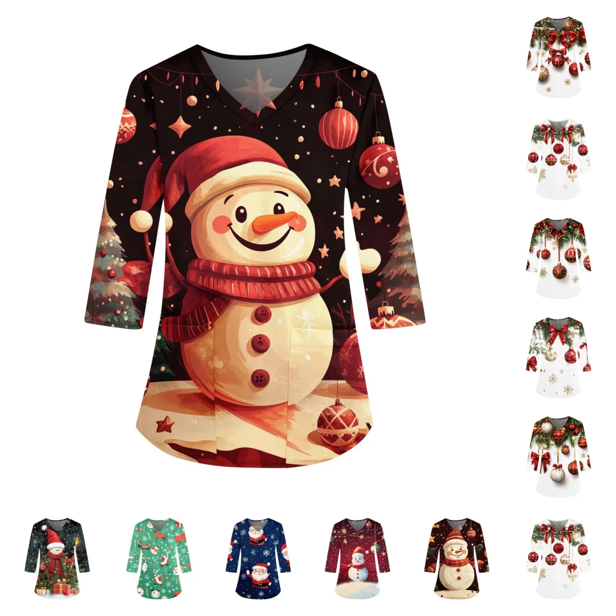 2025 Women's Christmas Medical Uniforms Cute Snowman Scrubs Top, High Quality Quick Drying Scrub Fabric 3/4 Sleeve V-Neck Pock