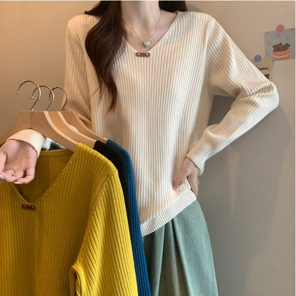 

2023 Fashion Women Long Sleeve Knitted Sweaters Spring Autumn New Solid Slim V-Neck Korean Basic Casual Bottoming Pullovers Tops