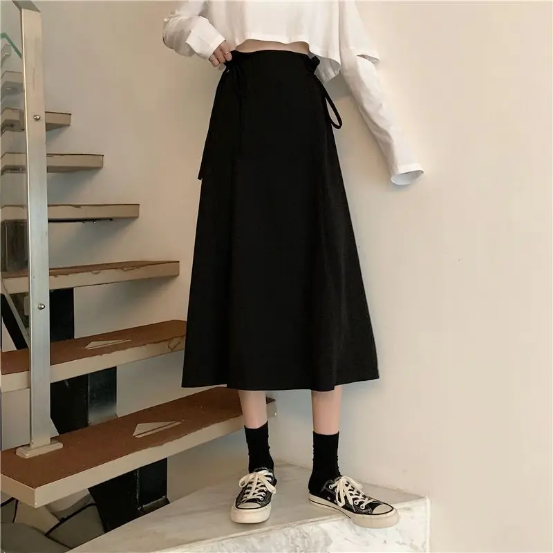 Spring Autumn Midi Skirts for Women Korean Fashion Lace-up Design Cute High Waist Y2k College Street A-line Skirt Chic All-match