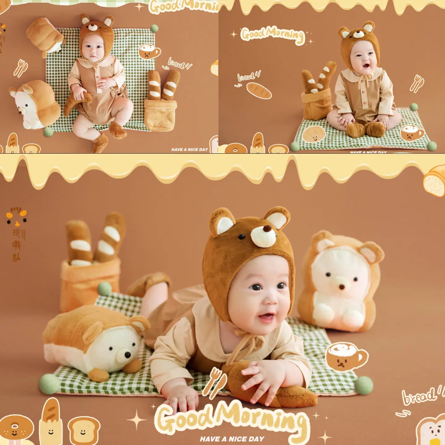 baby-photography-props-cute-100-days-theme-outfit-hat-bun-bread-bear-doll-plaid-mat-decors-for-infant-kids-studio-photoshoot