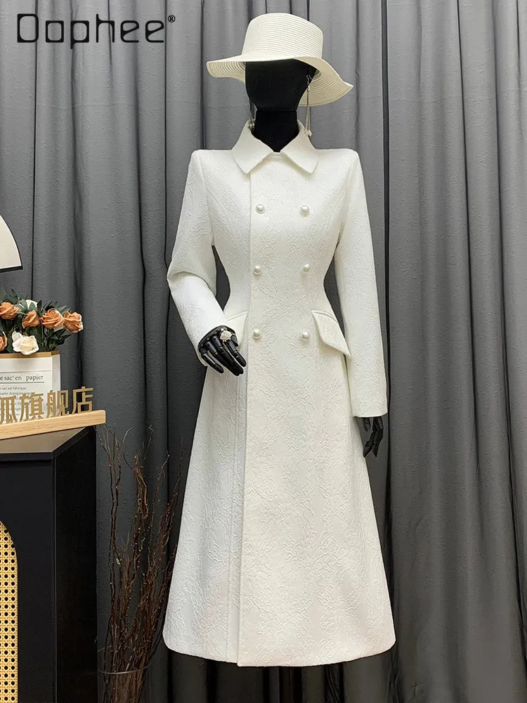 

Elegant White Jacquard Double Breasted Trench Coat Women Lapel Pearl Button Slim Long Overcoat Luxury Office Lady Outwear Top