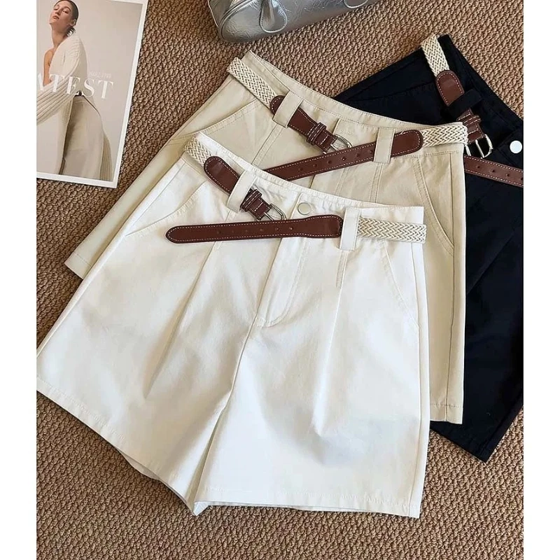 Summer Cotton High Waist Wide Leg Shorts with Belt Fashion Classic Loose Womens Shorts Casual Biker Shorts Women Female Clothing