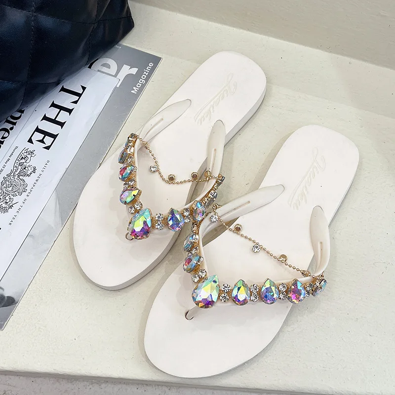 Fashion Summer Women Slippers Beach Vacation Flip Flops With Charms Sides Sandals 1.5 CM Flat With Soft Casual Shoes For Female