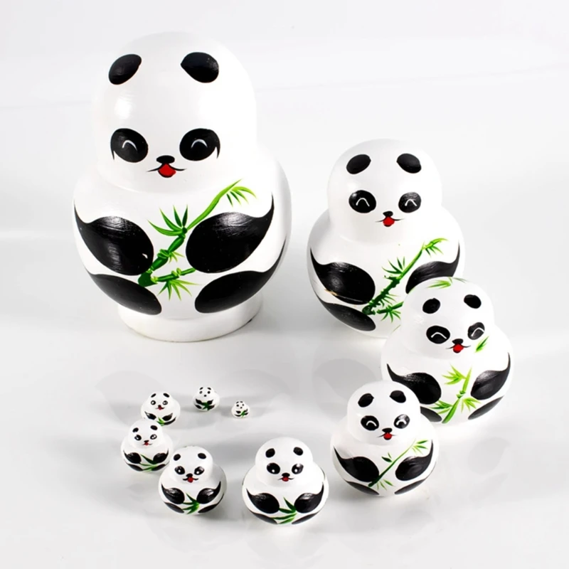 Cartoon Panda Bear Russian Nesting Hand Painted Stacking Figures10PCS