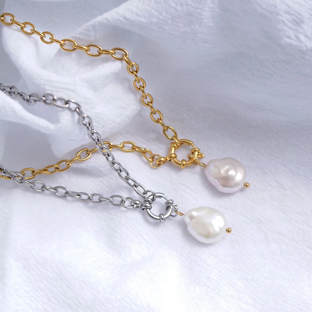 عقد من اللؤلؤ الطبيعي للنساء ، الفولاذ المقاوم للصدأ ، قلادة مشبك بحار ، لون ذهبي وفضي ، رولو تشيان معدني ، كولير حجري #5